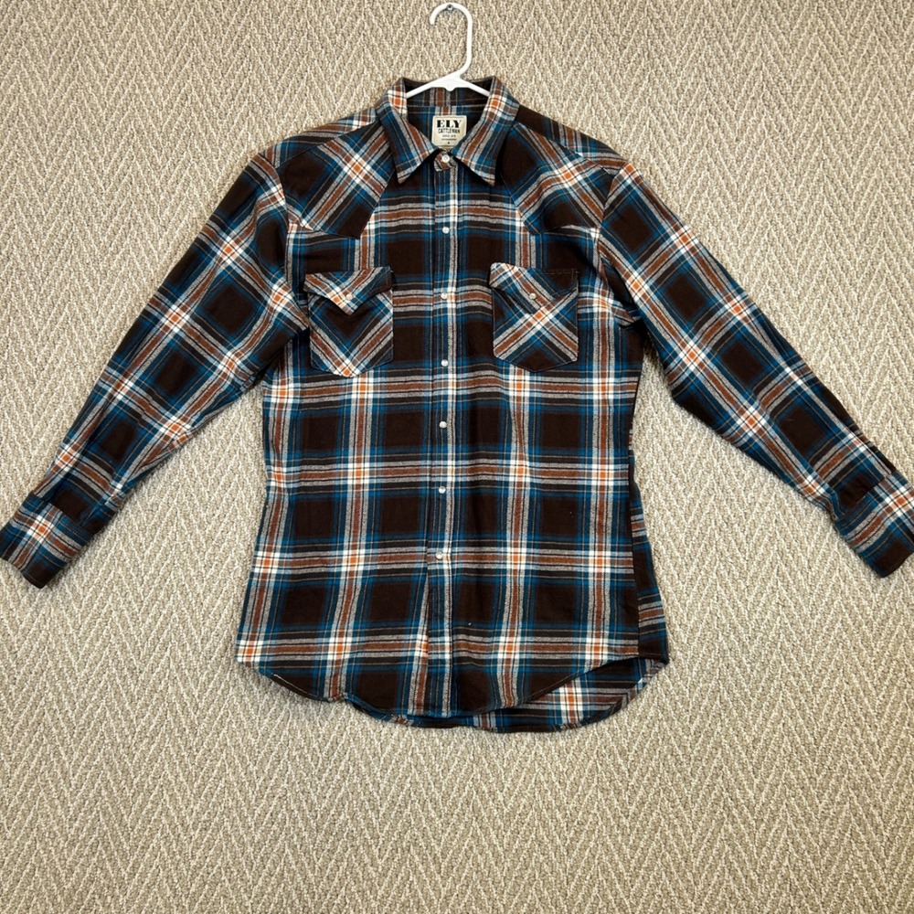 Ely Cattleman Shirt Mens Medium Brown Plaid Western Pearl Snap Flannel Cowboy